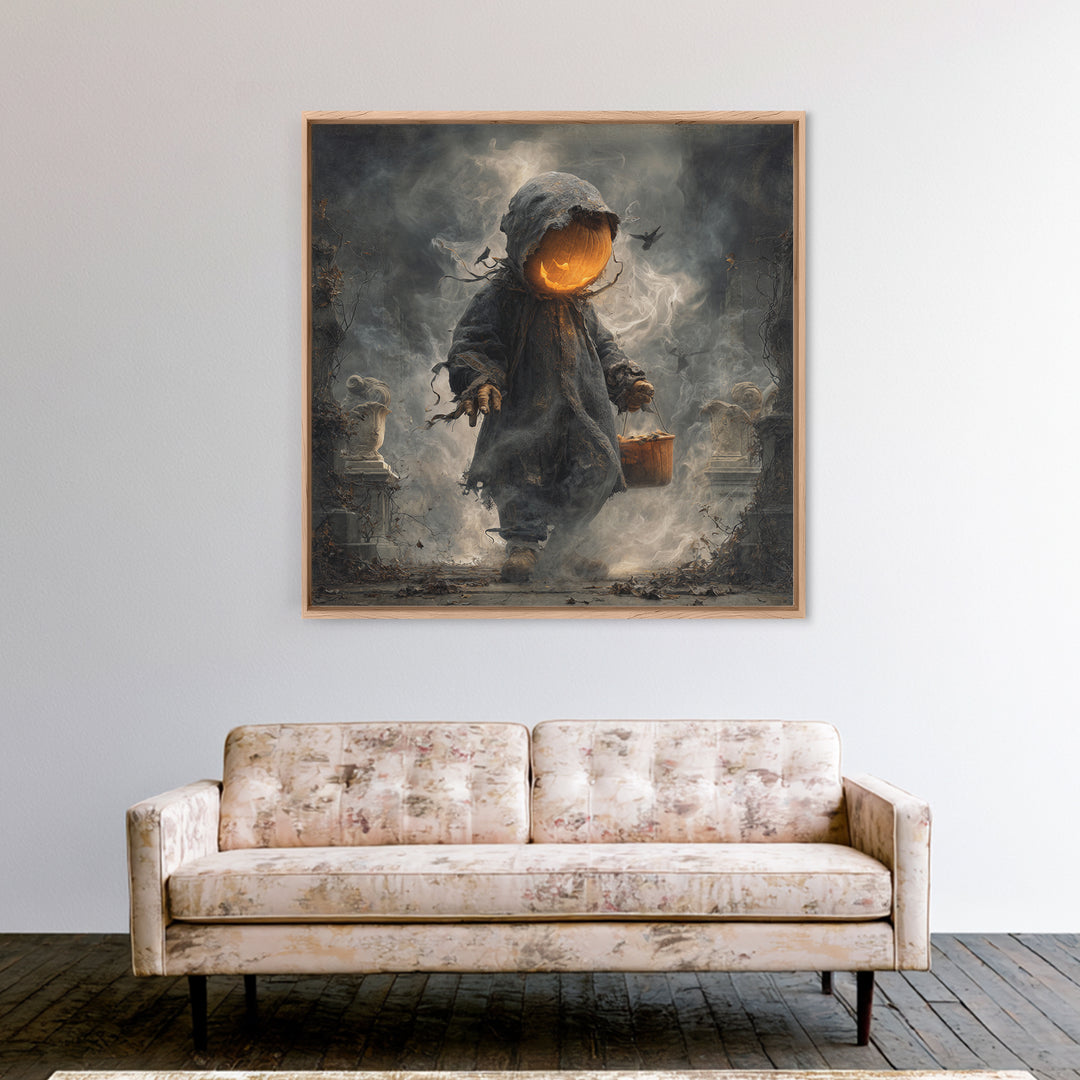 The Pumpkin-Headed Child, Square Wall Art, Haunted Gothic Art, Framed Canvas Print, Halloween Wall Decor, Gothic Home Decor