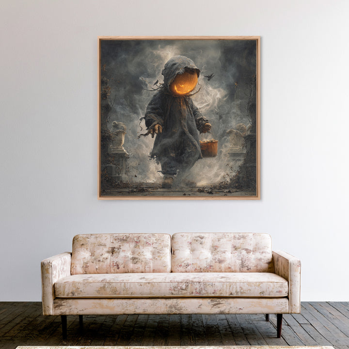 The Pumpkin-Headed Child, Square Wall Art, Haunted Gothic Art, Framed Canvas Print, Halloween Wall Decor, Gothic Home Decor