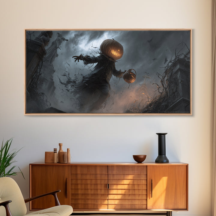 The Pumpkin-Headed Child, Wide Panoramic Art, Gothic Horror Wall Art, Framed Canvas Print, Halloween Wall Decor, Gothic Home Decor