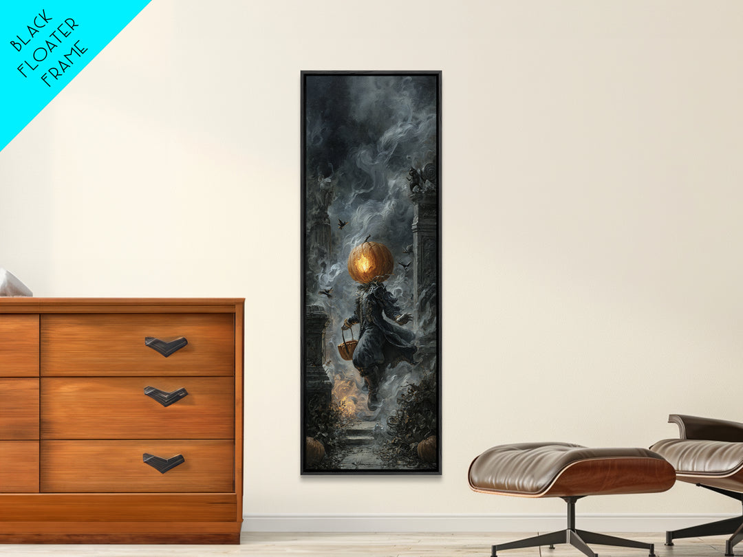 The Pumpkin-Headed Child, Tall Narrow Wall Art, Haunted Gothic Art, Framed Canvas Print, Halloween Wall Decor, Gothic Home Decor
