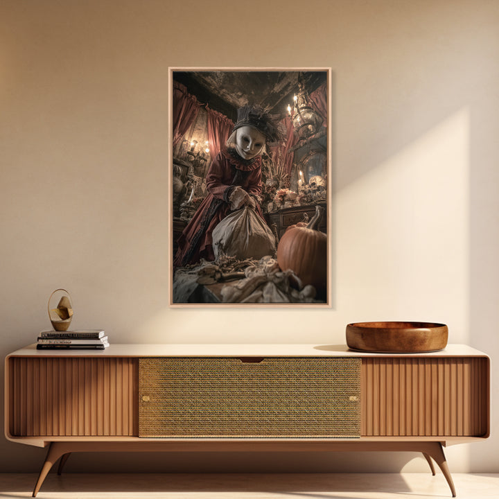 The Masked Candy Collector, Vertical Wall Art, Spooky Home Decor, Canvas Print, Halloween Wall Decor, Gothic Home Decor, Spooky Wall Decor