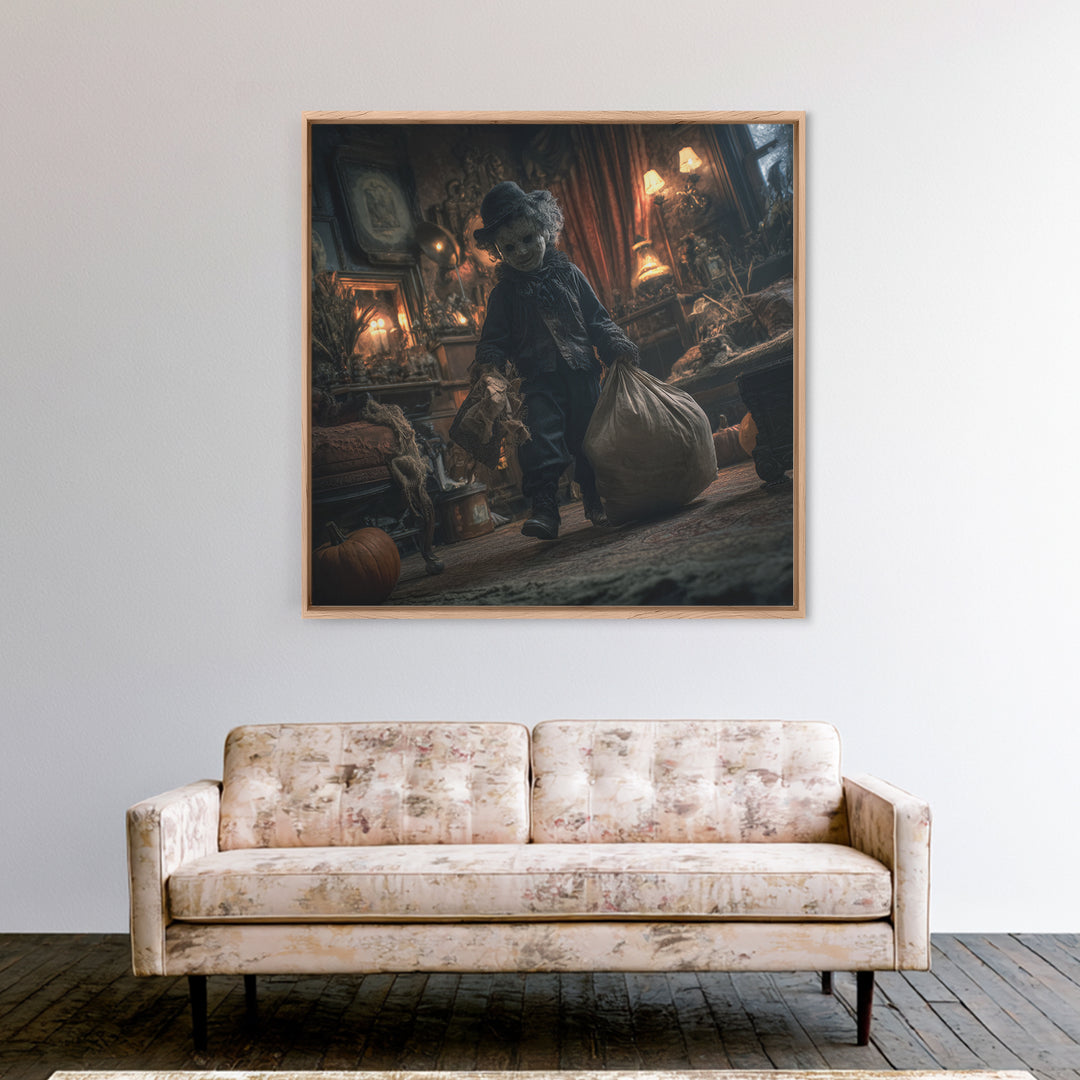 The Masked Candy Collector, Square Wall Art, Macabre Wall Art, Framed Canvas Print, Halloween Wall Decor, Gothic Home Decor