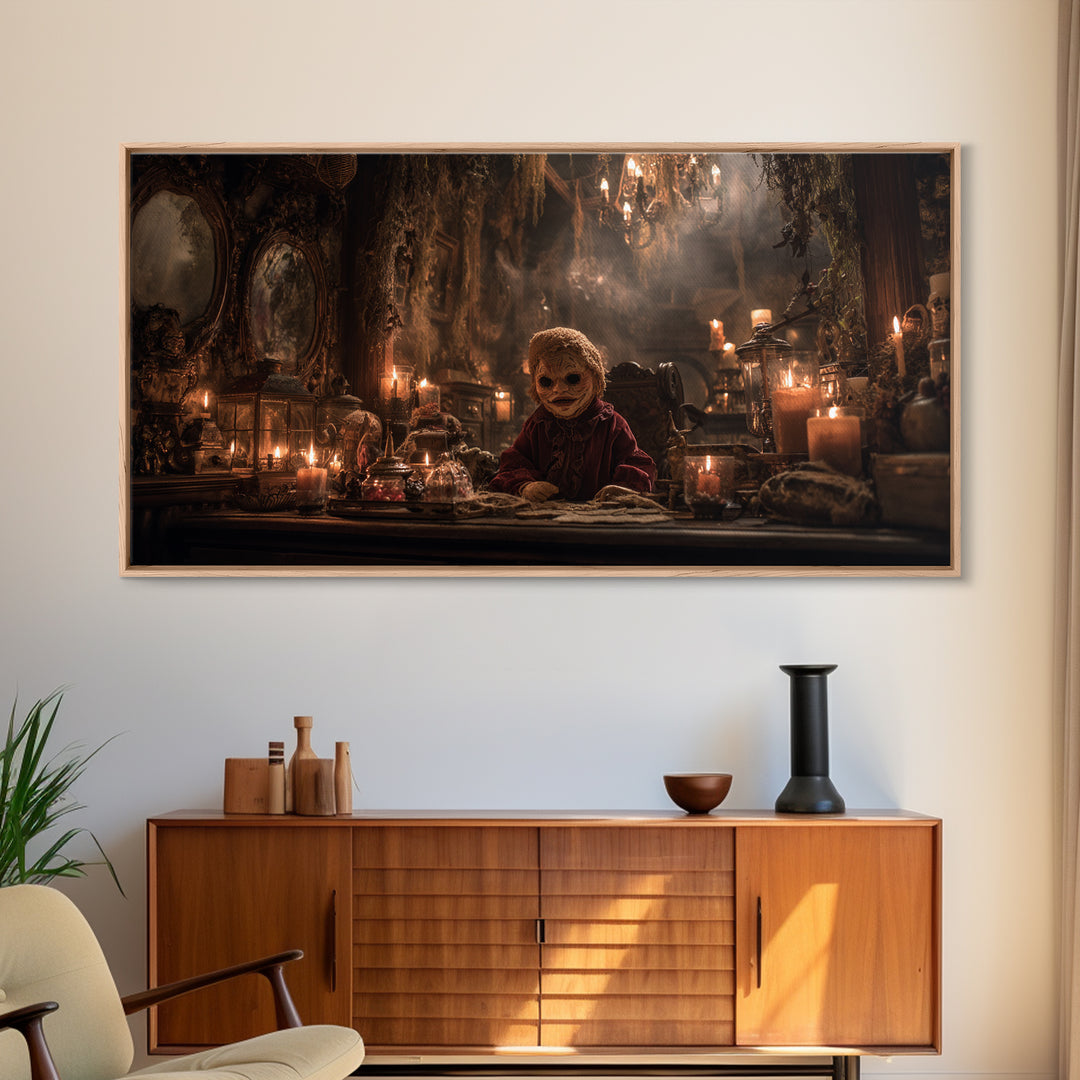 The Masked Candy Collector, Wide Panoramic Art, Dark Fantasy Wall Art, Canvas Print, Halloween Wall Decor, Gothic Home Decor