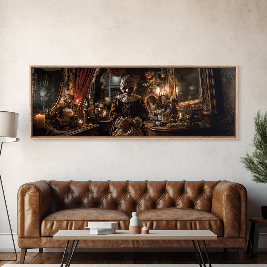 The Masked Candy Collector, Extra Wide Wall Art, Macabre Wall Art, Framed Canvas Print, Halloween Wall Decor, Gothic Home Decor