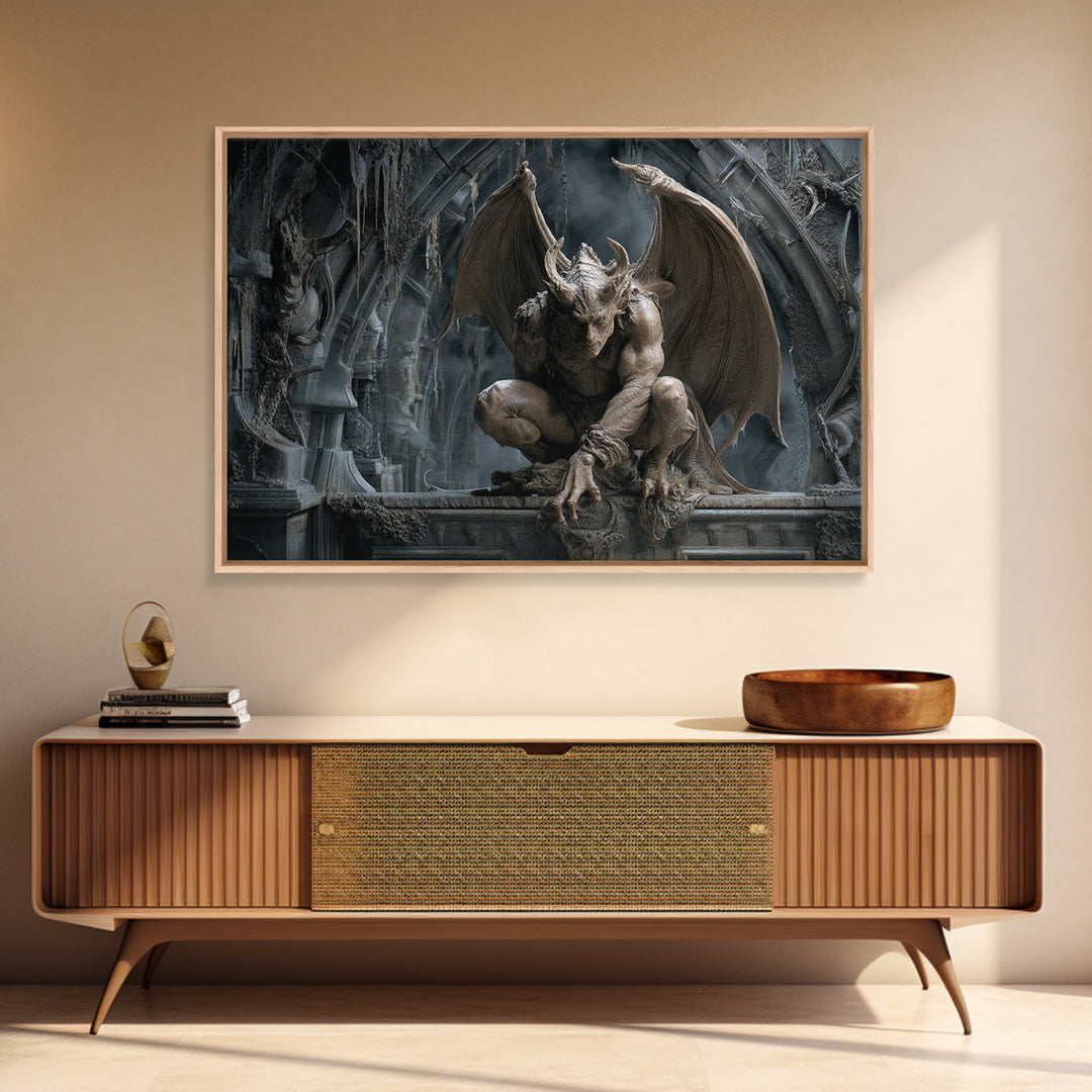 The Gargoyle Sentinel, Landscape Wall Art, Spooky Home Decor, Canvas Print, Halloween Wall Decor, Gothic Home Decor, Halloween Wall Art