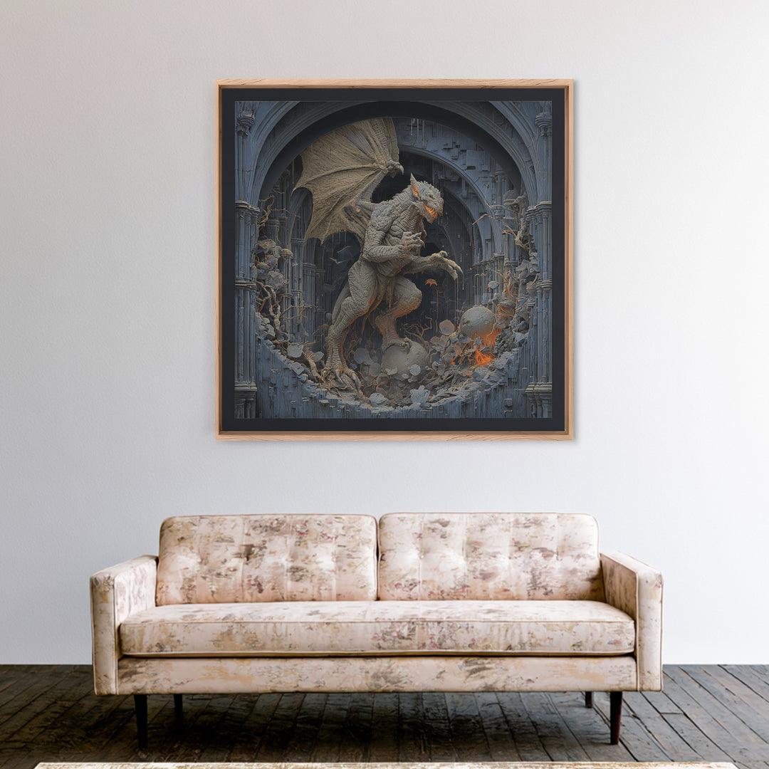 The Gargoyle Sentinel, Square Wall Art, Haunted Gothic Art, Framed Canvas Print, Halloween Wall Decor, Gothic Home Decor, Statement Wall Art