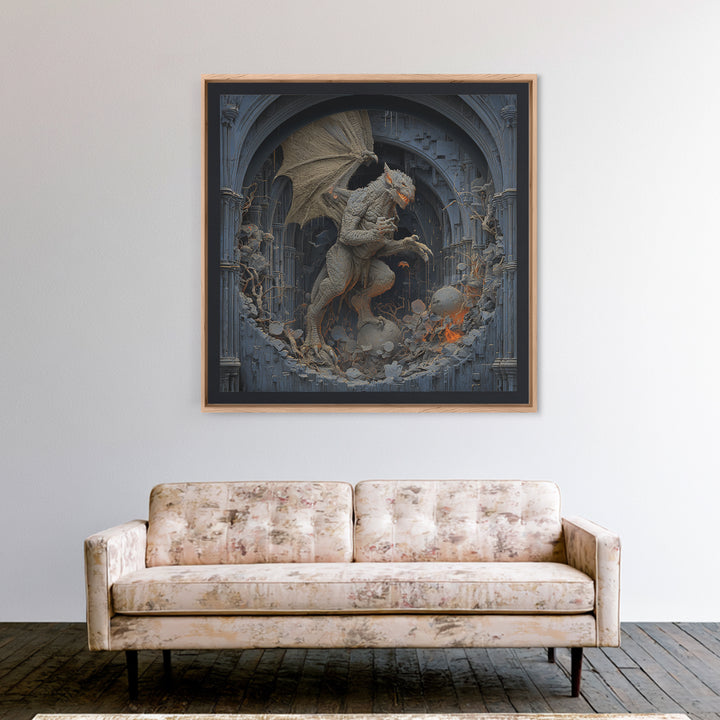 The Gargoyle Sentinel, Square Wall Art, Haunted Gothic Art, Framed Canvas Print, Halloween Wall Decor, Gothic Home Decor, Statement Wall Art