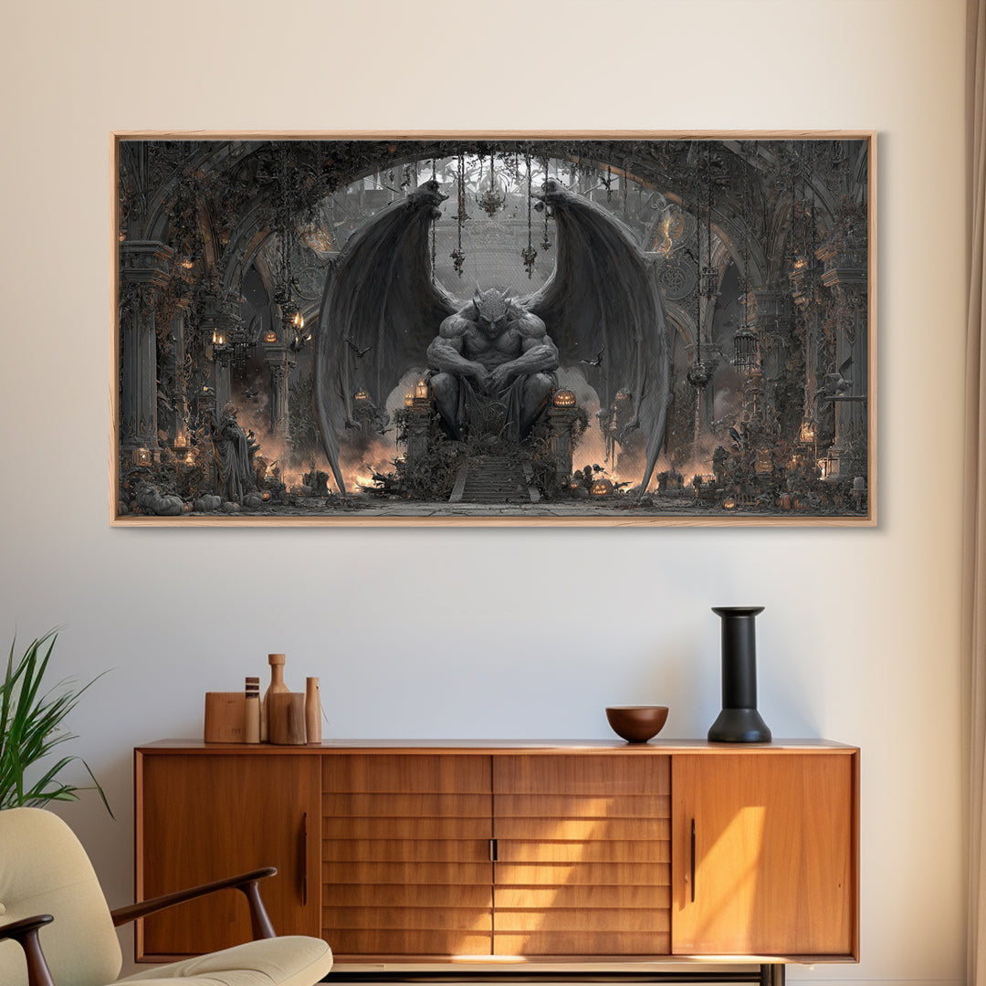 The Gargoyle Sentinel, Wide Panoramic Art, Gothic Horror Wall Art, Framed Canvas Print, Halloween Wall Decor, Gothic Home Decor