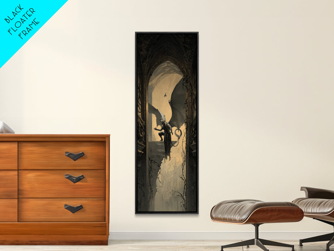 The Gargoyle Sentinel, Tall Narrow Wall Art, Dark Halloween Decor, Canvas Print, Halloween Wall Decor, Gothic Home Decor, Dark Fantasy Art