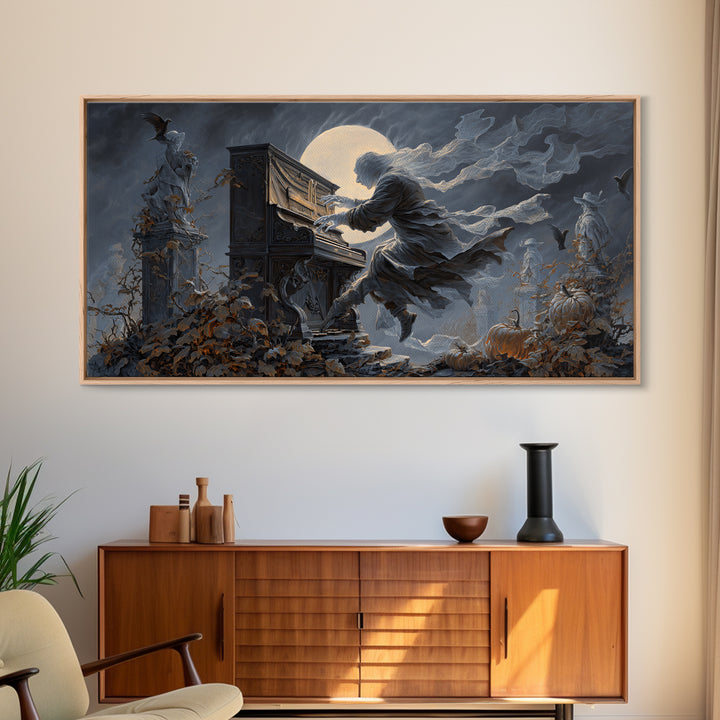 The Phantom Organist, Wide Panoramic Art, Haunted Gothic Art, Framed Canvas Print, Halloween Wall Decor, Gothic Home Decor