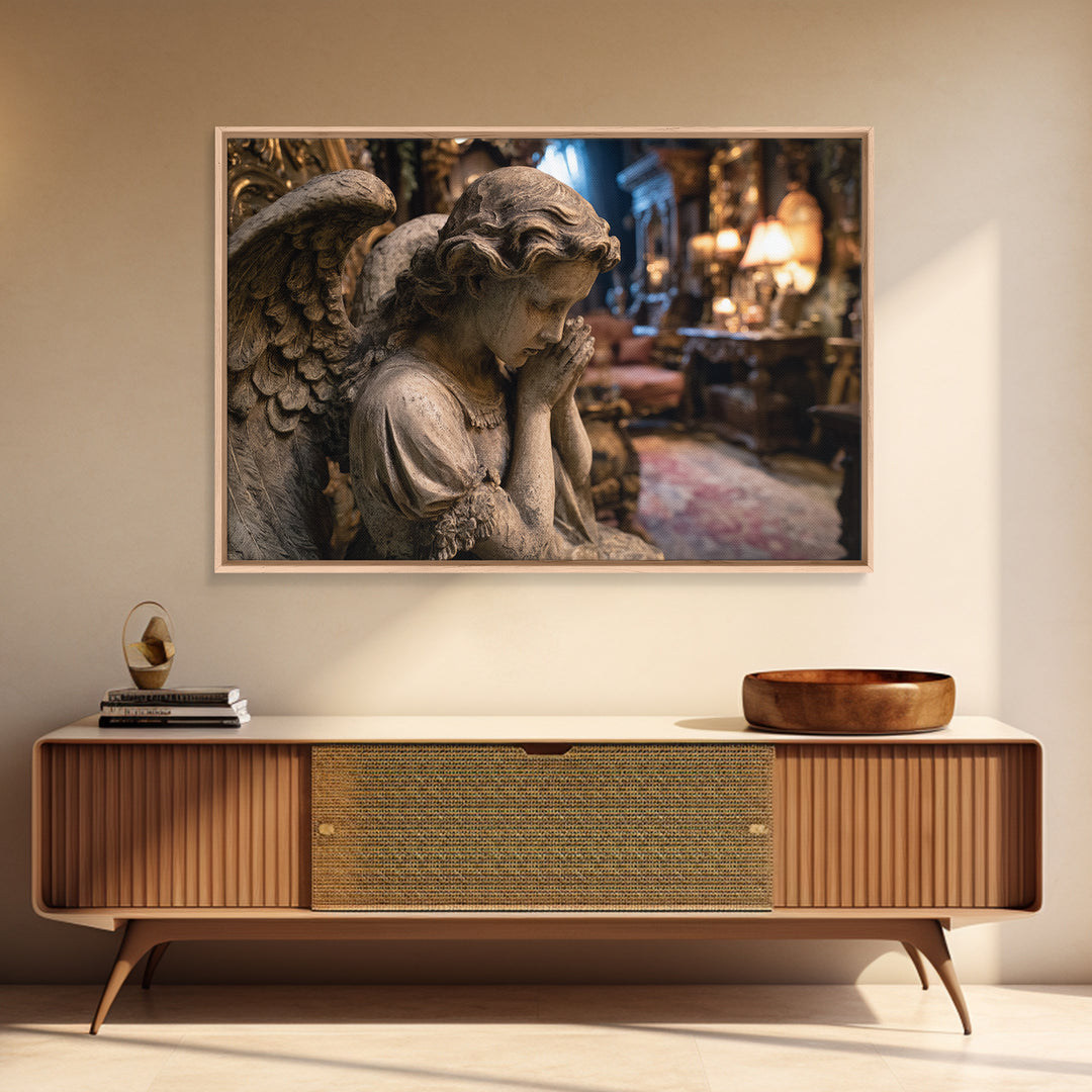 The Weeping Cemetery Angel, Landscape Wall Art, Haunted Gothic Art, Framed Canvas Print, Halloween Wall Decor, Gothic Home Decor