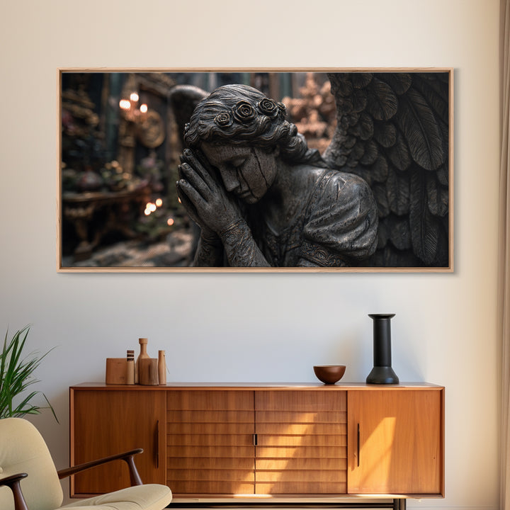The Weeping Cemetery Angel, Wide Panoramic Art, Dark Fantasy Wall Art, Canvas Print, Halloween Wall Decor, Gothic Home Decor