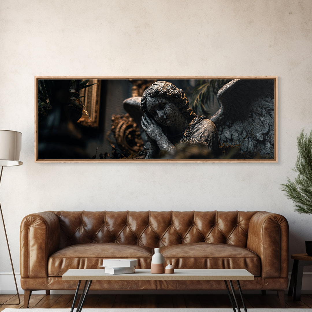 The Weeping Cemetery Angel, Extra Wide Wall Art, Macabre Wall Art, Framed Canvas Print, Halloween Wall Decor, Gothic Home Decor