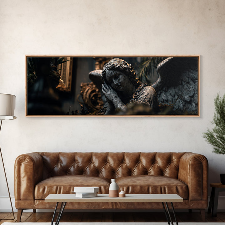 The Weeping Cemetery Angel, Extra Wide Wall Art, Macabre Wall Art, Framed Canvas Print, Halloween Wall Decor, Gothic Home Decor