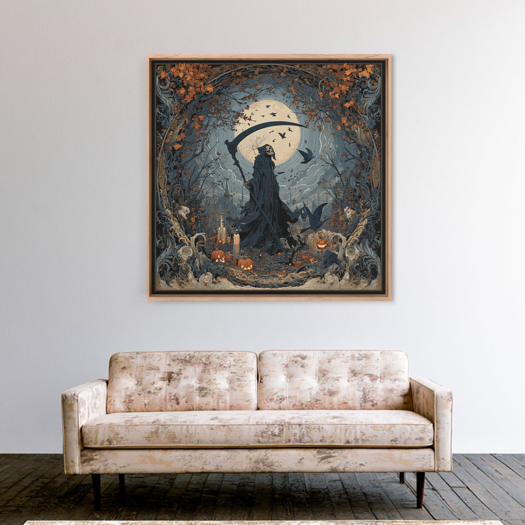 The Fog-Bound Reaper, Square Wall Art, Macabre Wall Art, Framed Canvas Print, Halloween Wall Decor, Gothic Home Decor, Horror Wall Art