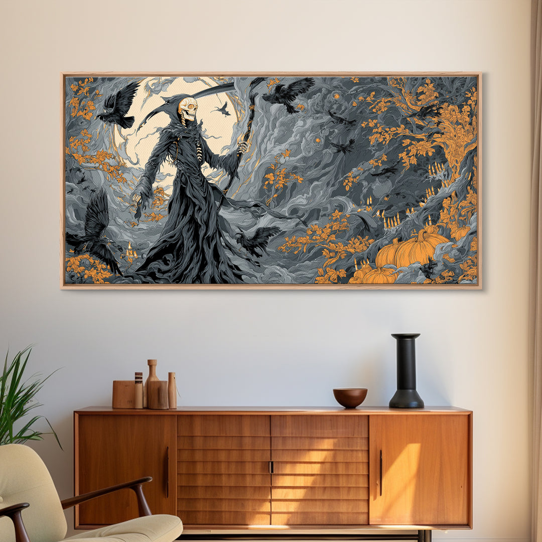 The Fog-Bound Reaper, Wide Panoramic Art, Spooky Home Decor, Canvas Print, Halloween Wall Decor, Gothic Home Decor, Statement Wall Art