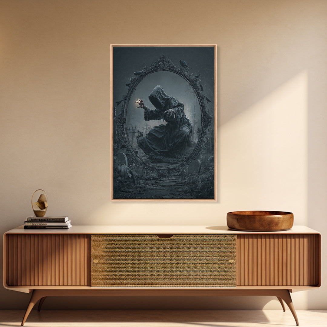 The Mirror Spirit, Vertical Wall Art, Gothic Horror Wall Art, Framed Canvas Print, Halloween Wall Decor, Gothic Home Decor, Macabre Wall Art