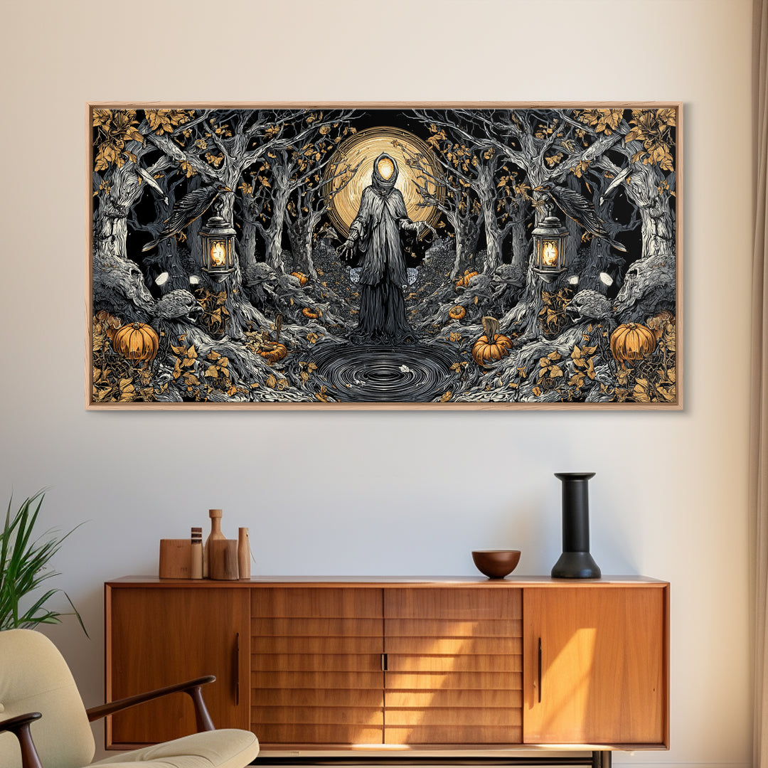 The Lantern Specter, Wide Panoramic Art, Gothic Horror Wall Art, Framed Canvas Print, Halloween Wall Decor, Gothic Home Decor