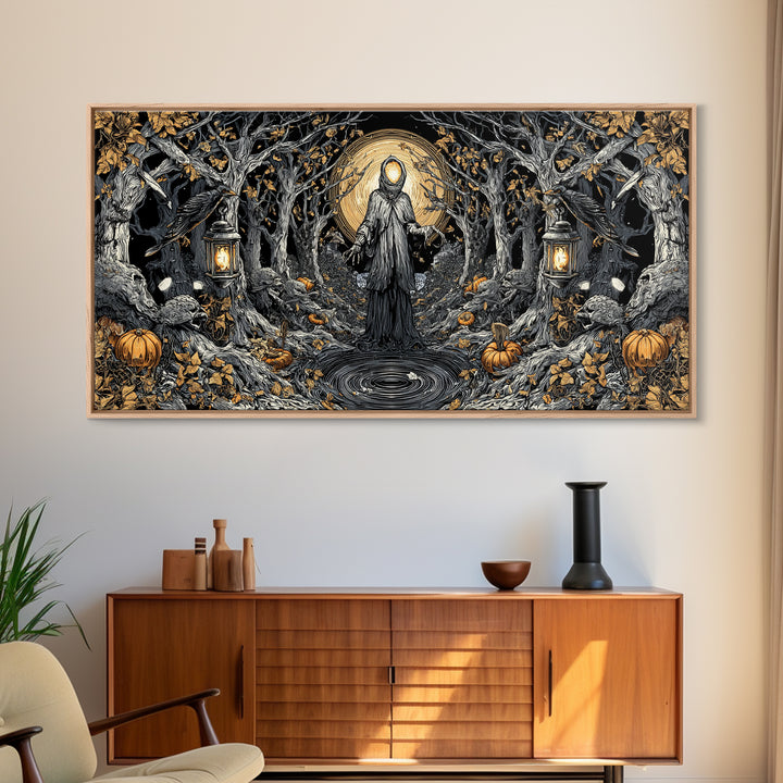 The Lantern Specter, Wide Panoramic Art, Gothic Horror Wall Art, Framed Canvas Print, Halloween Wall Decor, Gothic Home Decor