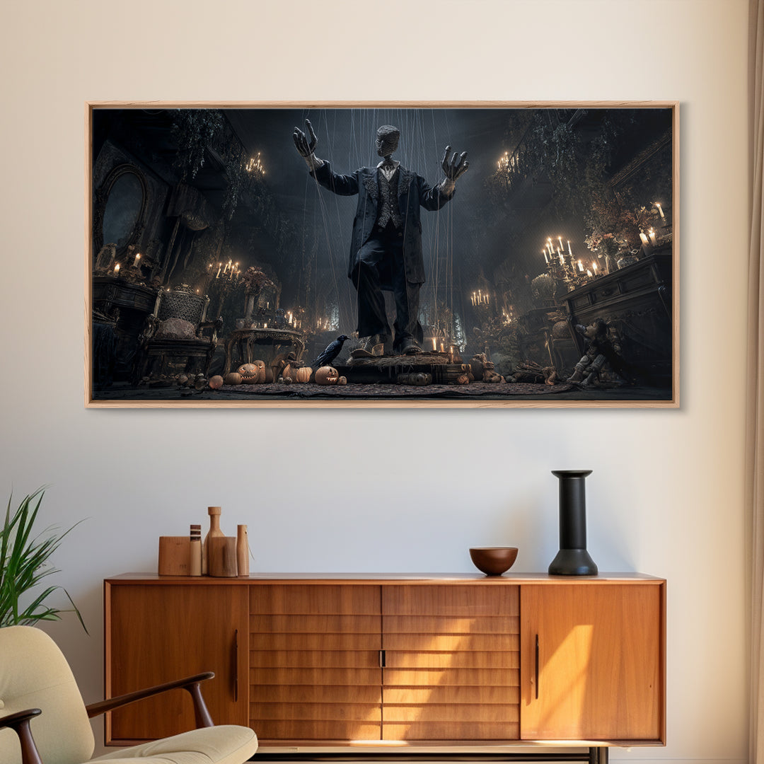 The Marionette Master, Wide Panoramic Art, Macabre Wall Art, Framed Canvas Print, Halloween Wall Decor, Gothic Home Decor, Spooky Wall Decor