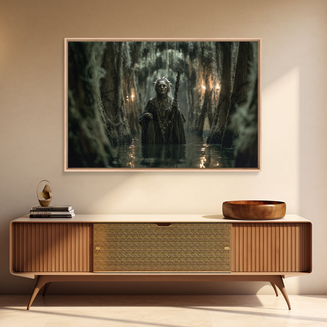 The Swamp Witch, Landscape Wall Art, Gothic Horror Wall Art, Framed Canvas Print, Halloween Wall Decor, Gothic Home Decor