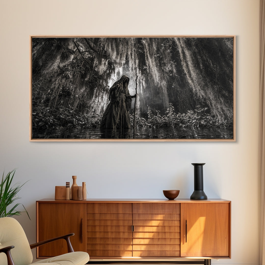 The Swamp Witch, Wide Panoramic Art, Gothic Horror Wall Art, Framed Canvas Print, Halloween Wall Decor, Gothic Home Decor