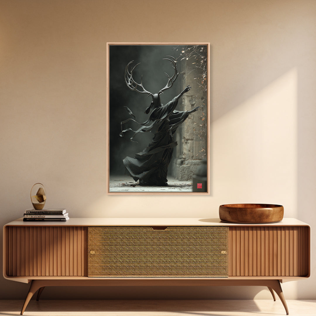 The Antlered Forest Spirit, Vertical Wall Art, Macabre Wall Art, Framed Canvas Print, Halloween Wall Decor, Gothic Home Decor