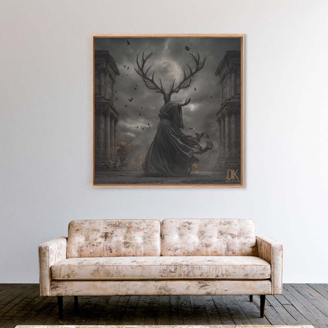 The Antlered Forest Spirit, Square Wall Art, Haunted Gothic Art, Framed Canvas Print, Halloween Wall Decor, Gothic Home Decor