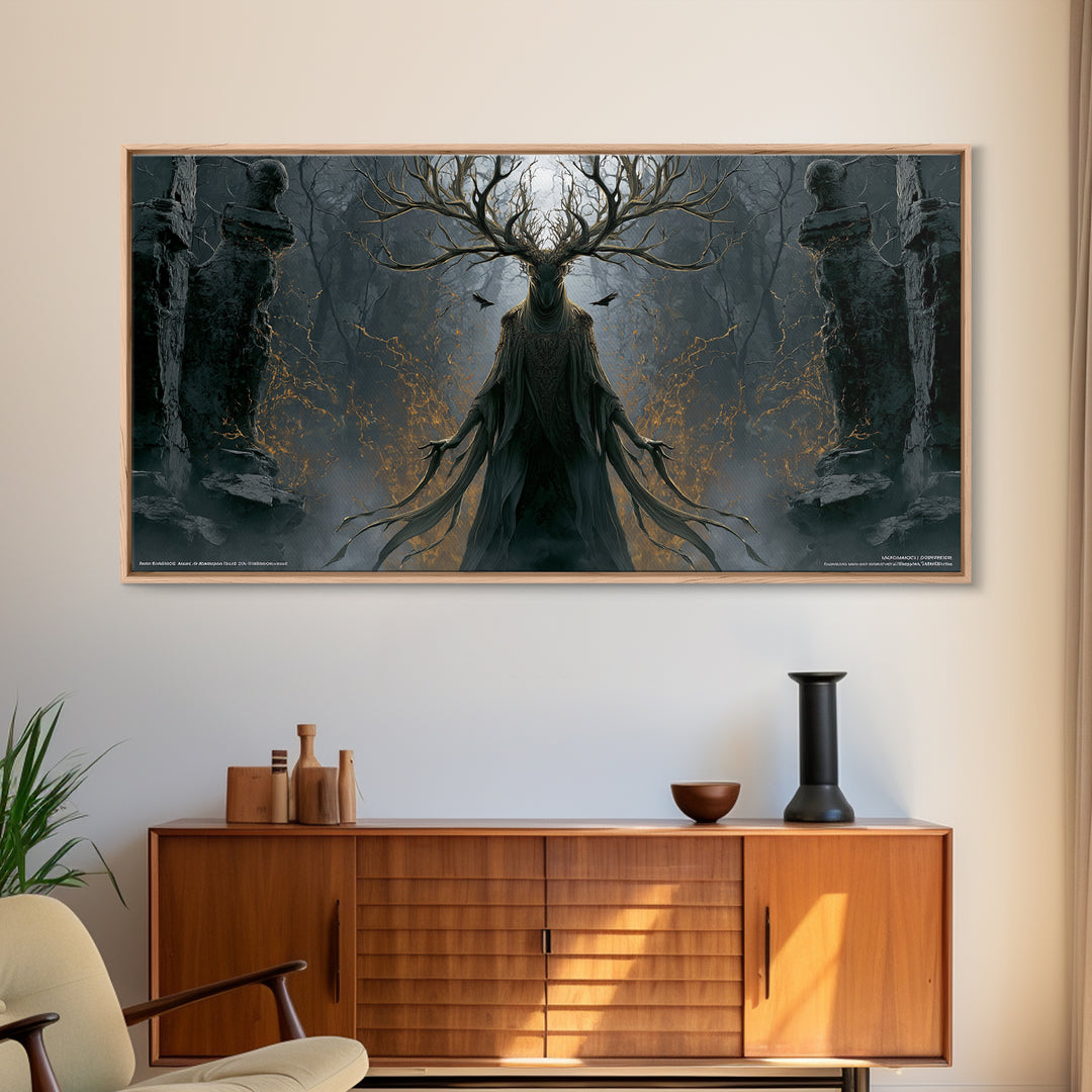 The Antlered Forest Spirit, Wide Panoramic Art, Gothic Horror Wall Art, Framed Canvas Print, Halloween Wall Decor, Gothic Home Decor