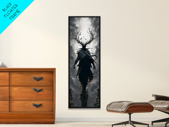 The Antlered Forest Spirit, Tall Narrow Wall Art, Macabre Wall Art, Framed Canvas Print, Halloween Wall Decor, Gothic Home Decor