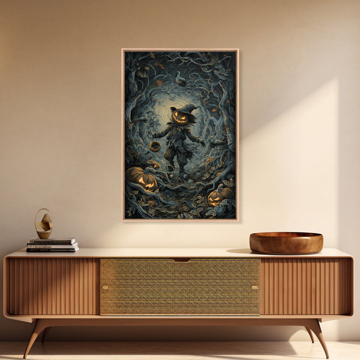 The Pumpkin Patch Goblin, Vertical Wall Art, Macabre Wall Art, Framed Canvas Print, Halloween Wall Decor, Gothic Home Decor