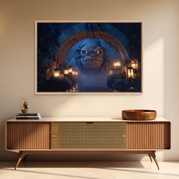 The Bridge Troll At Midnight, Landscape Wall Art, Gothic Horror Wall Art, Framed Canvas Print, Halloween Wall Decor, Gothic Home Decor