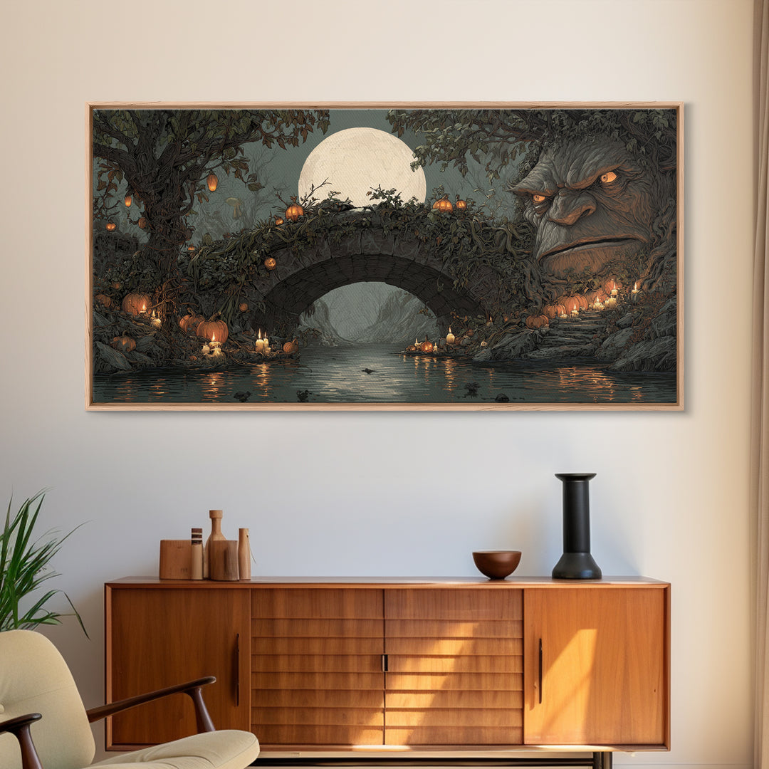 The Bridge Troll At Midnight, Wide Panoramic Art, Dark Fantasy Wall Art, Canvas Print, Halloween Wall Decor, Gothic Home Decor
