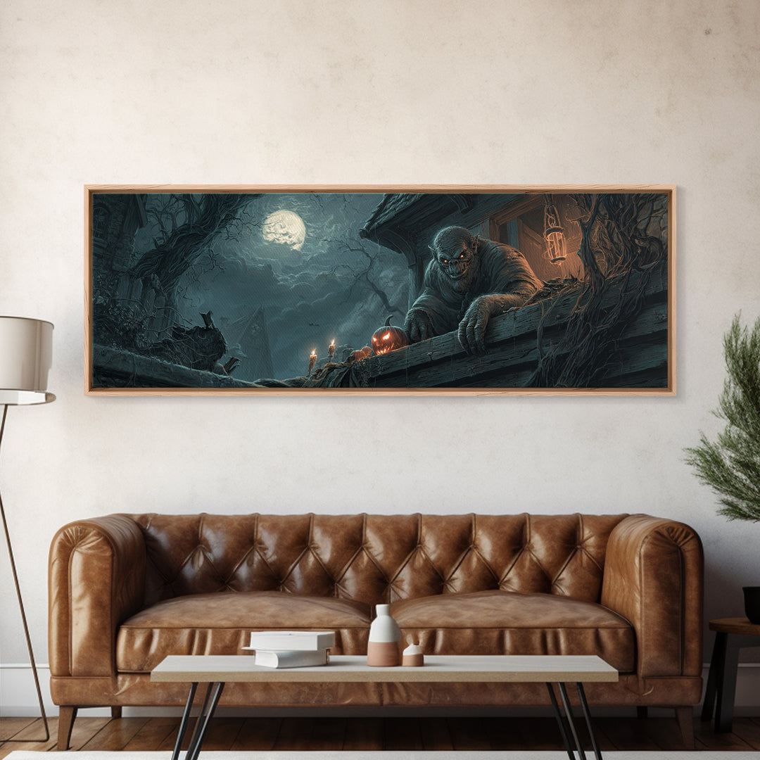 The Bridge Troll At Midnight, Extra Wide Wall Art, Dark Fantasy Wall Art, Canvas Print, Halloween Wall Decor, Gothic Home Decor