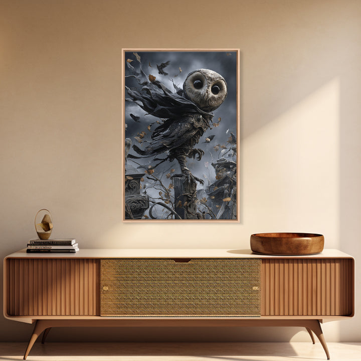 The Owl-Faced Omen, Vertical Wall Art, Spooky Home Decor, Canvas Print, Halloween Wall Decor, Gothic Home Decor, Macabre Wall Art