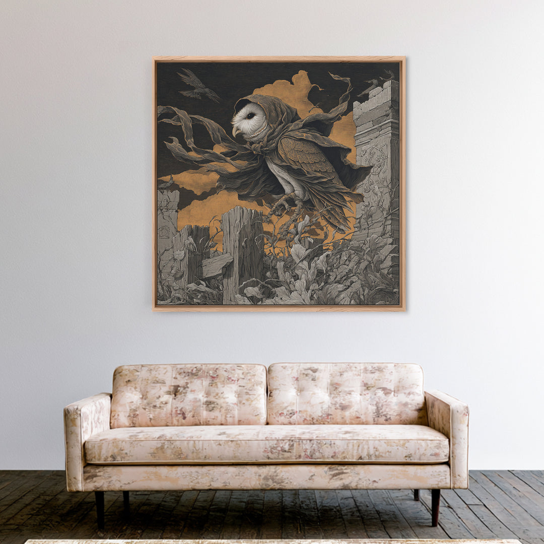 The Owl-Faced Omen, Square Wall Art, Gothic Horror Wall Art, Framed Canvas Print, Halloween Wall Decor, Gothic Home Decor, Spooky Wall Decor