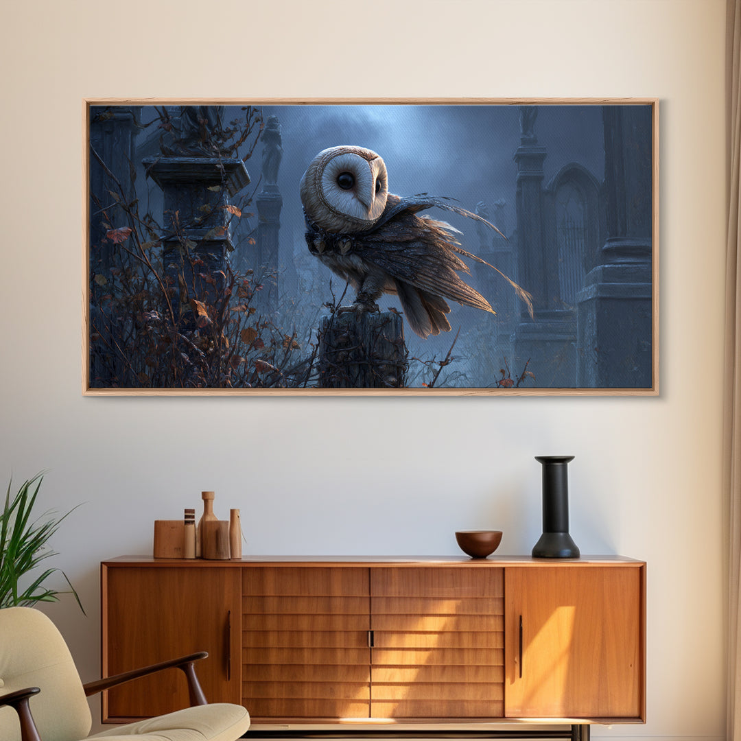 The Owl-Faced Omen, Wide Panoramic Art, Gothic Horror Wall Art, Framed Canvas Print, Halloween Wall Decor, Gothic Home Decor
