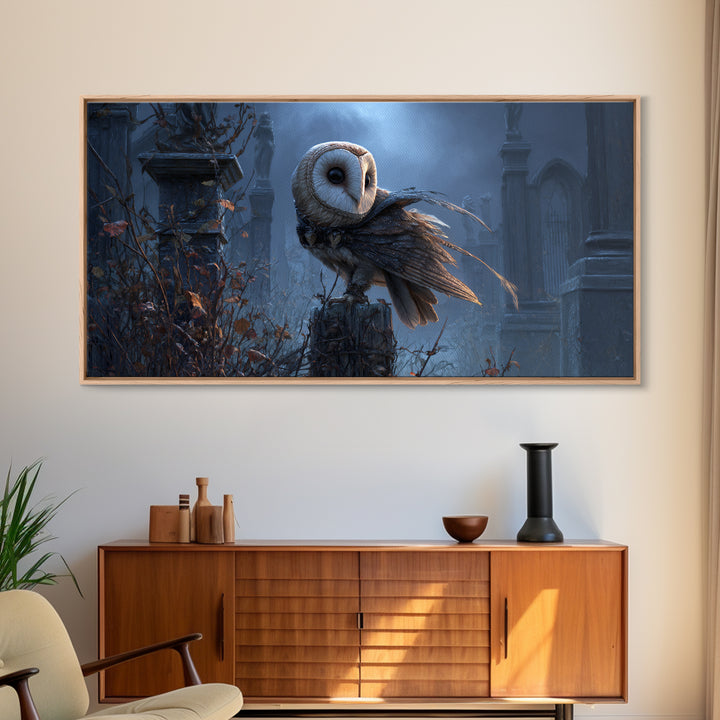 The Owl-Faced Omen, Wide Panoramic Art, Gothic Horror Wall Art, Framed Canvas Print, Halloween Wall Decor, Gothic Home Decor