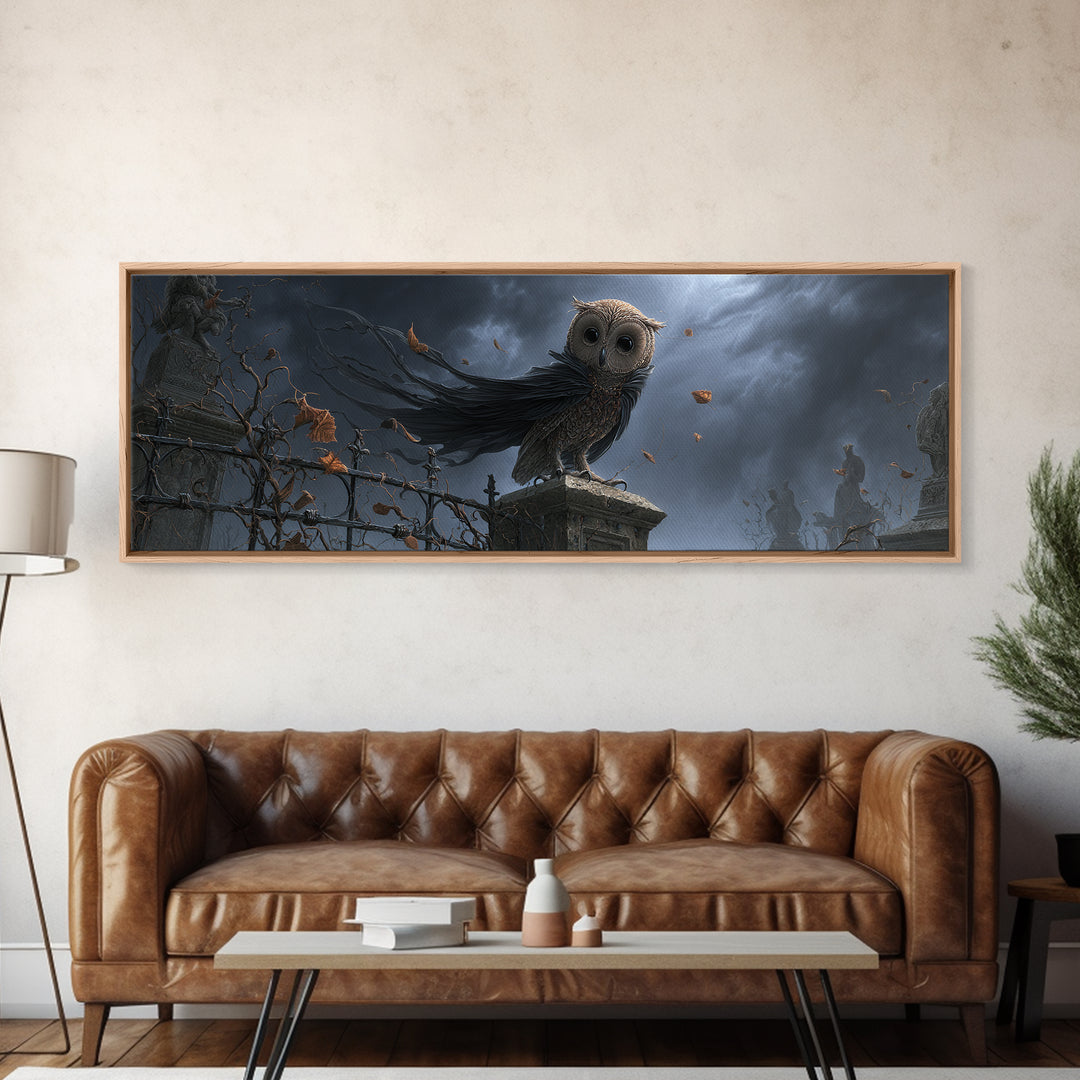 The Owl-Faced Omen, Extra Wide Wall Art, Dark Fantasy Wall Art, Canvas Print, Halloween Wall Decor, Gothic Home Decor, Spooky Wall Decor