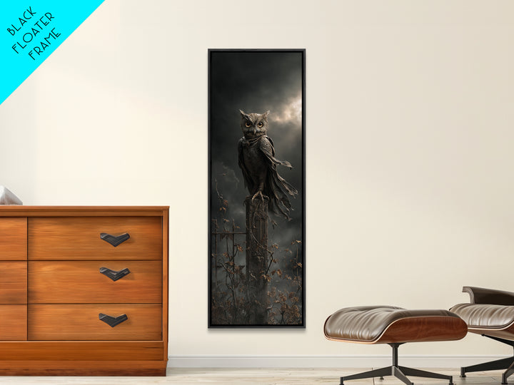 The Owl-Faced Omen, Tall Narrow Wall Art, Haunted Gothic Art, Framed Canvas Print, Halloween Wall Decor, Gothic Home Decor
