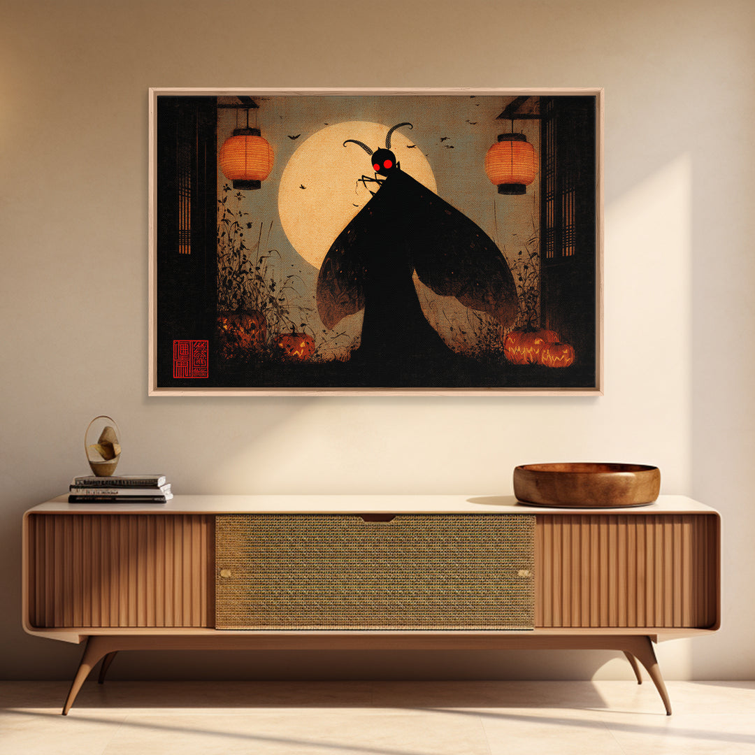 The Red-Eyed Moth Creature, Landscape Wall Art, Macabre Wall Art, Framed Canvas Print, Halloween Wall Decor, Gothic Home Decor