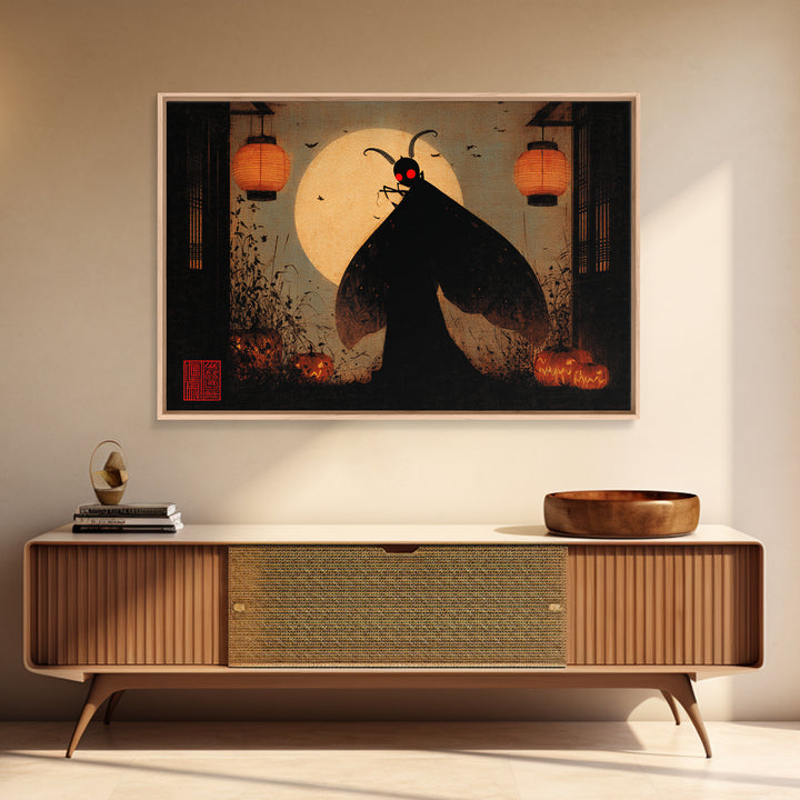 The Red-Eyed Moth Creature, Landscape Wall Art, Macabre Wall Art, Framed Canvas Print, Halloween Wall Decor, Gothic Home Decor