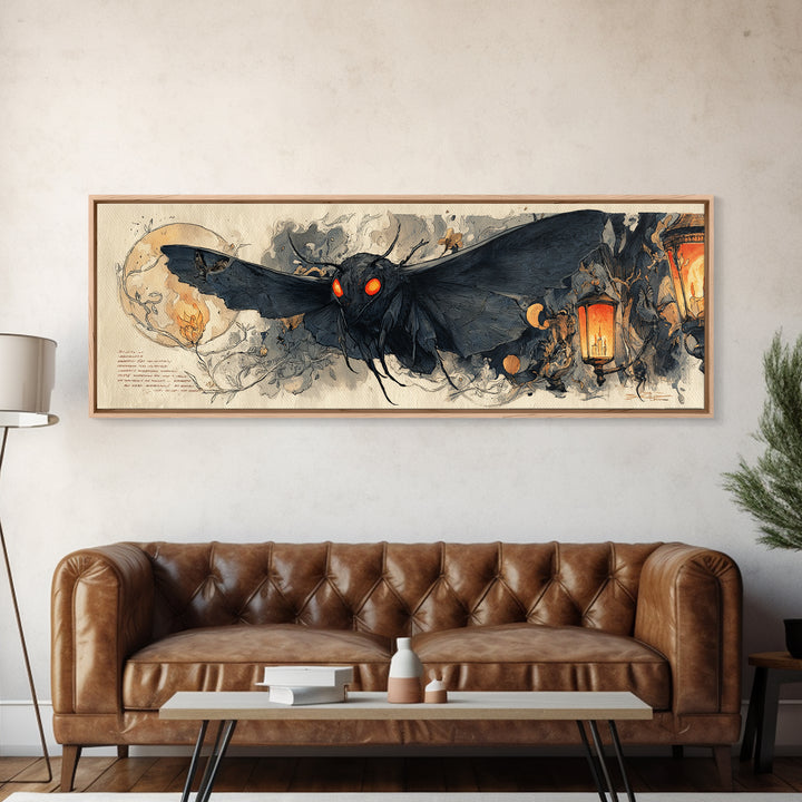 The Red-Eyed Moth Creature, Extra Wide Wall Art, Macabre Wall Art, Framed Canvas Print, Halloween Wall Decor, Gothic Home Decor