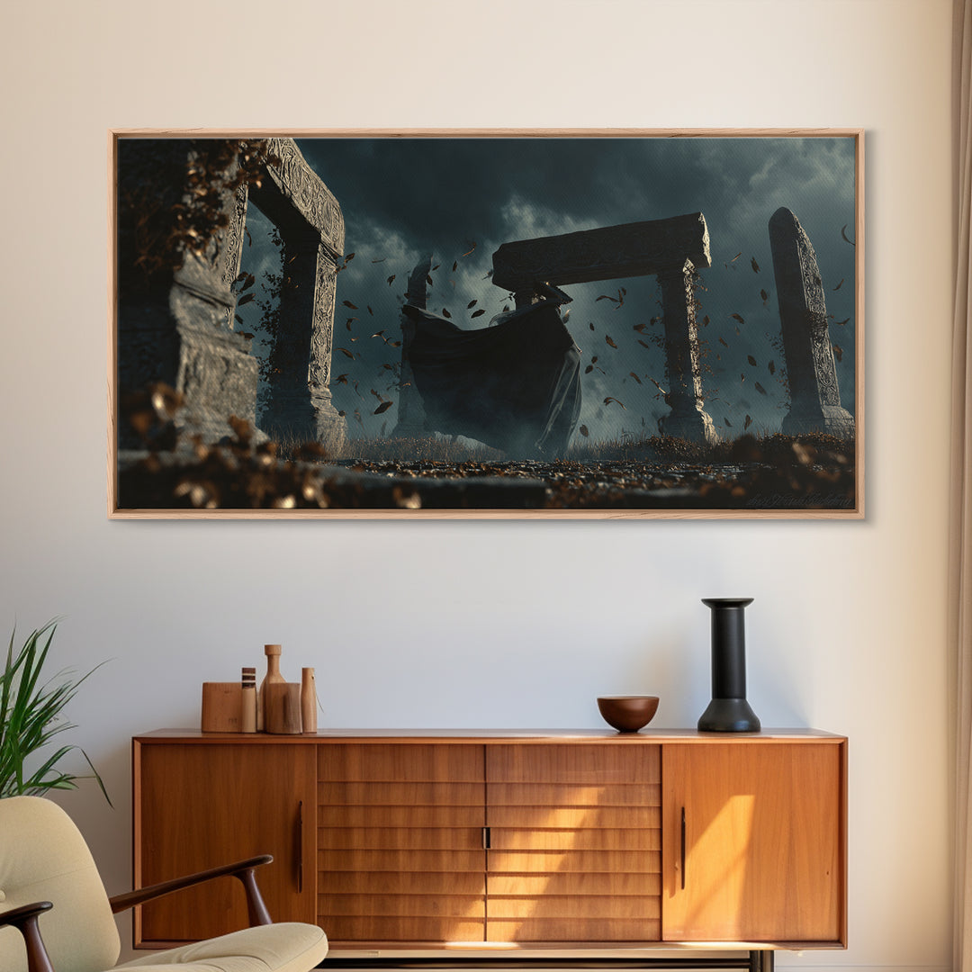 The Stone-Circle Spirit, Wide Panoramic Art, Gothic Horror Wall Art, Framed Canvas Print, Halloween Wall Decor, Gothic Home Decor