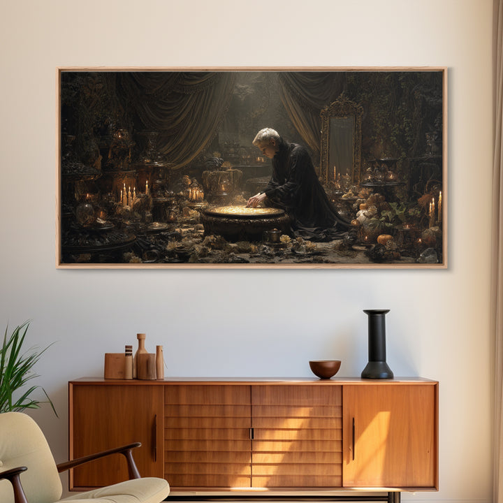 The Cave Oracle, Wide Panoramic Art, Haunted Gothic Art, Framed Canvas Print, Halloween Wall Decor, Gothic Home Decor
