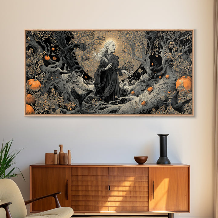 The Orchard Hag, Wide Panoramic Art, Gothic Horror Wall Art, Framed Canvas Print, Halloween Wall Decor, Gothic Home Decor