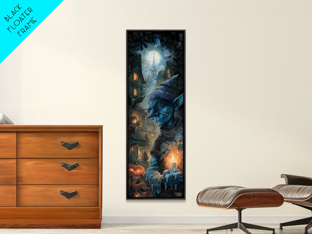 The Frost Goblin, Tall Narrow Wall Art, Macabre Wall Art, Framed Canvas Print, Halloween Wall Decor, Gothic Home Decor, Seasonal Home Decor