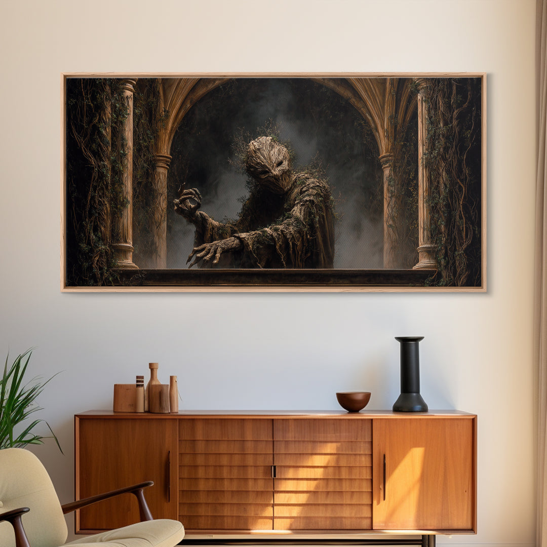 The Hollow-Tree Monster, Wide Panoramic Art, Macabre Wall Art, Framed Canvas Print, Halloween Wall Decor, Gothic Home Decor