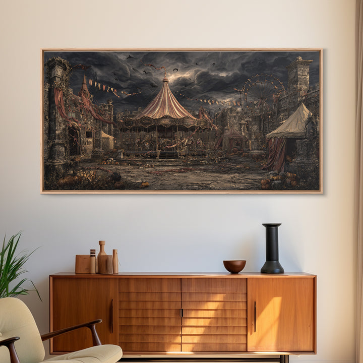 The Abandoned Carnival, Wide Panoramic Art, Macabre Wall Art, Framed Canvas Print, Halloween Wall Decor, Gothic Home Decor, Horror Wall Art