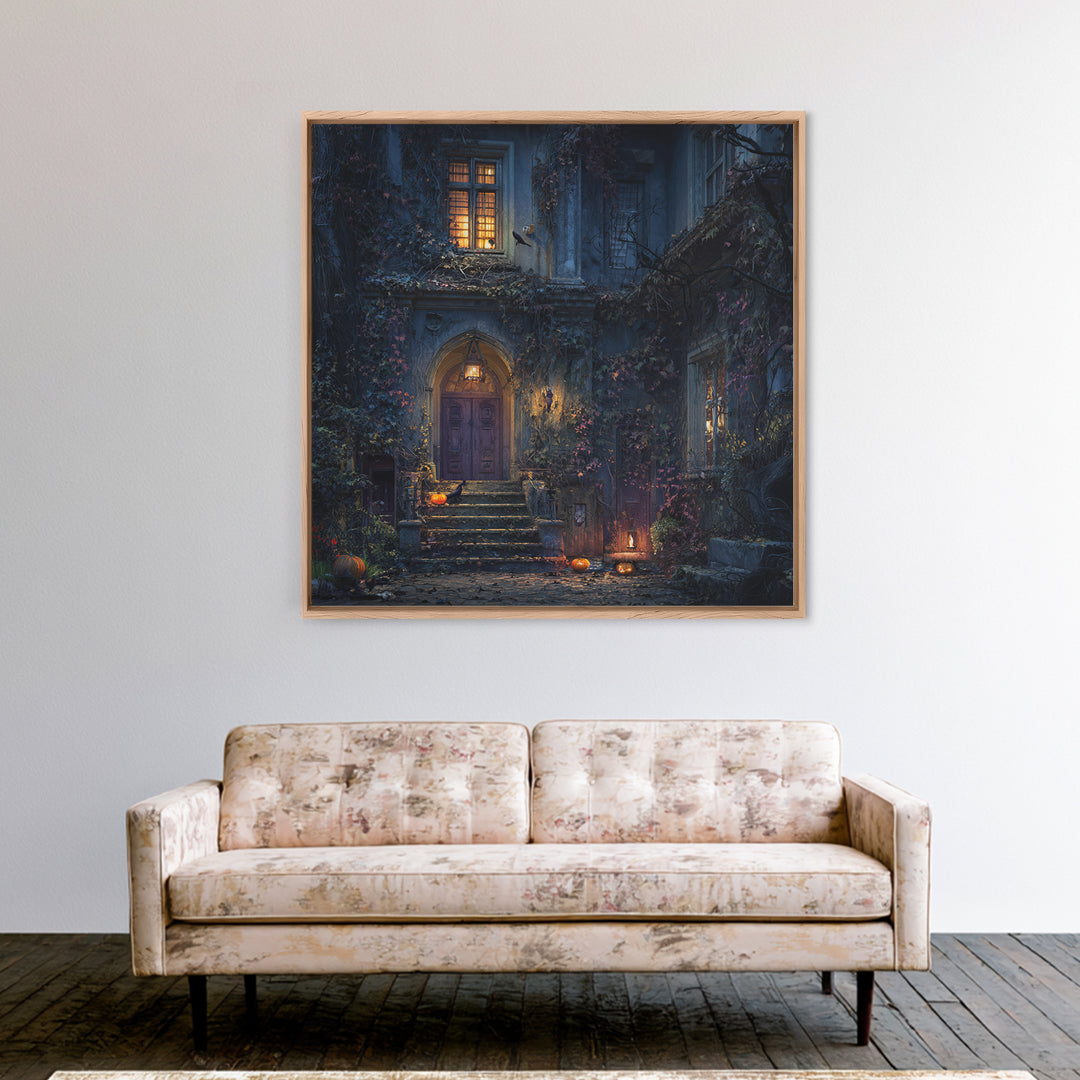 The Haunted Manor, Square Wall Art, Macabre Wall Art, Framed Canvas Print, Halloween Wall Decor, Gothic Home Decor, Collectible Wall Decor